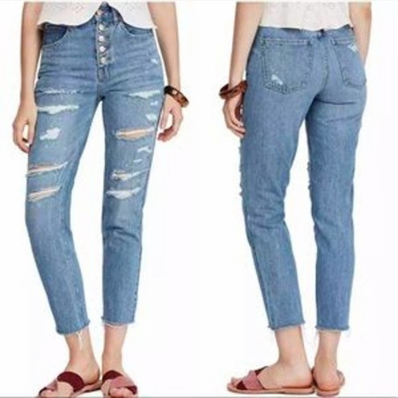 We the Free Button Fly High Rise Distressed Jeans w/Raw Hem - Picture 1 of 9